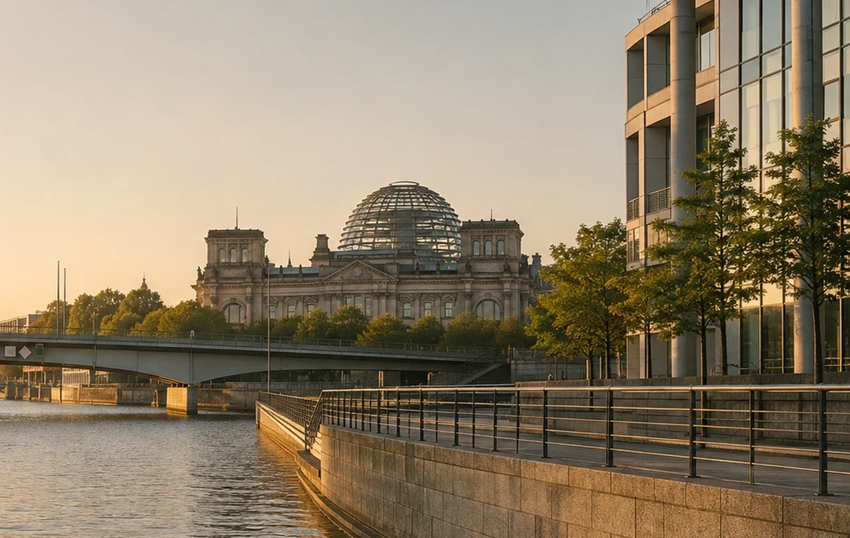 Reichstagsgebäude und Regierungsviertel in Berlin im warmen Abendlicht