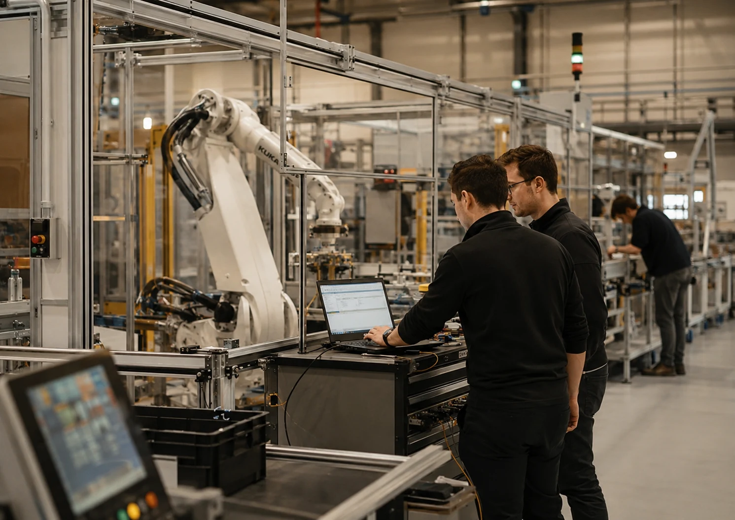 Produktionsanlage im Hochlauf mit Robotik und Technikern während der Inbetriebnahme
