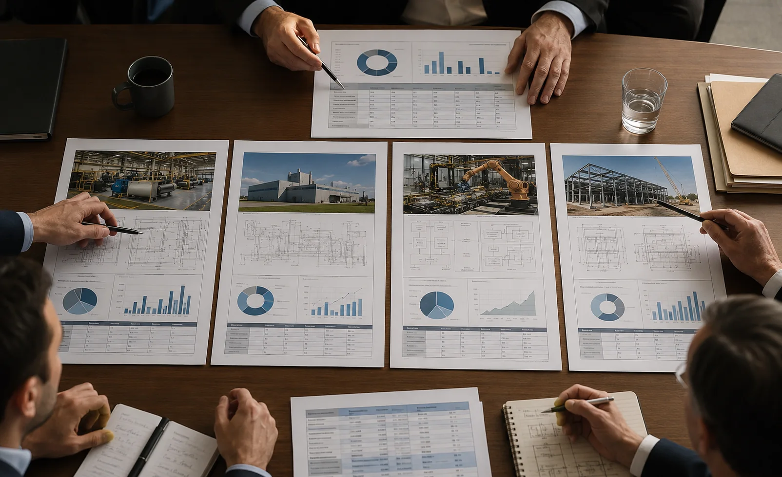 Mehrere industrielle Investitionsoptionen mit Projekt- und Finanzunterlagen im direkten Vergleich