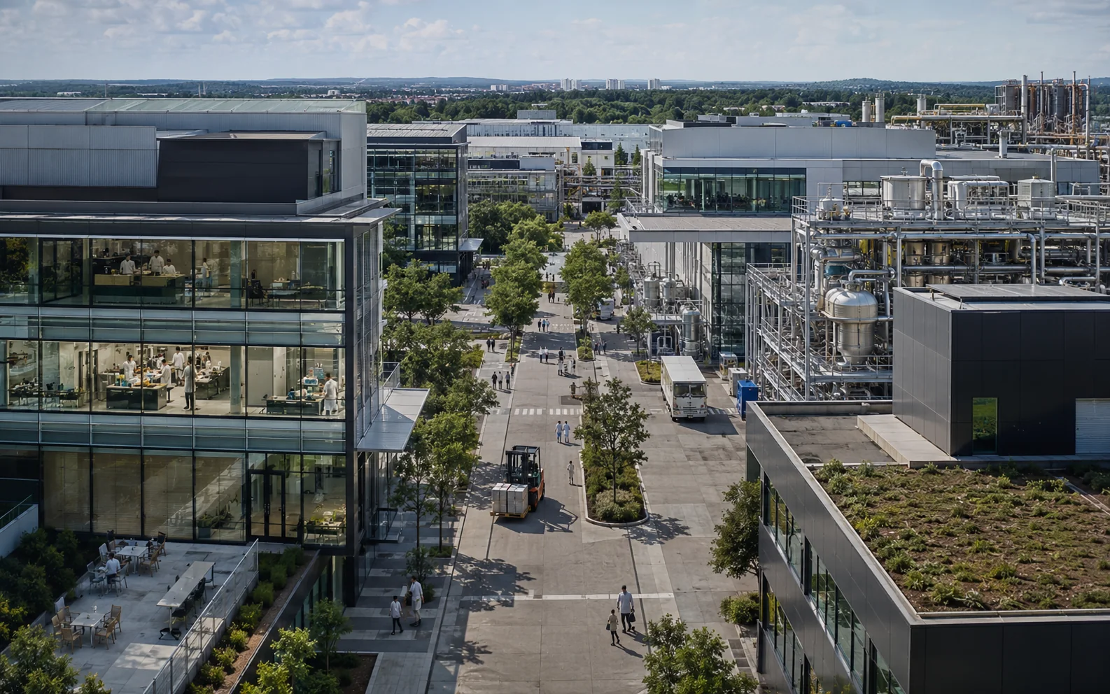 Unbeschrifteter Industriecampus mit Forschung und Produktion als Motiv für die Standortwirkung nach einem Technologie-Exit