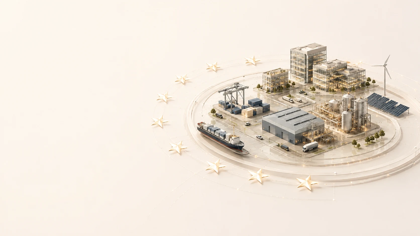 Helle industrielle Landschaft mit Hafen, Produktion, Energie und europäischem Bezug